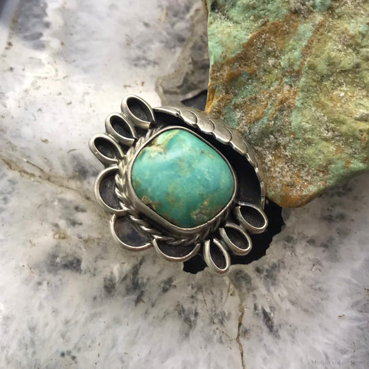 Vintage Signed Native American Silver Turquoise Floral Ring Size 6.25 For Women