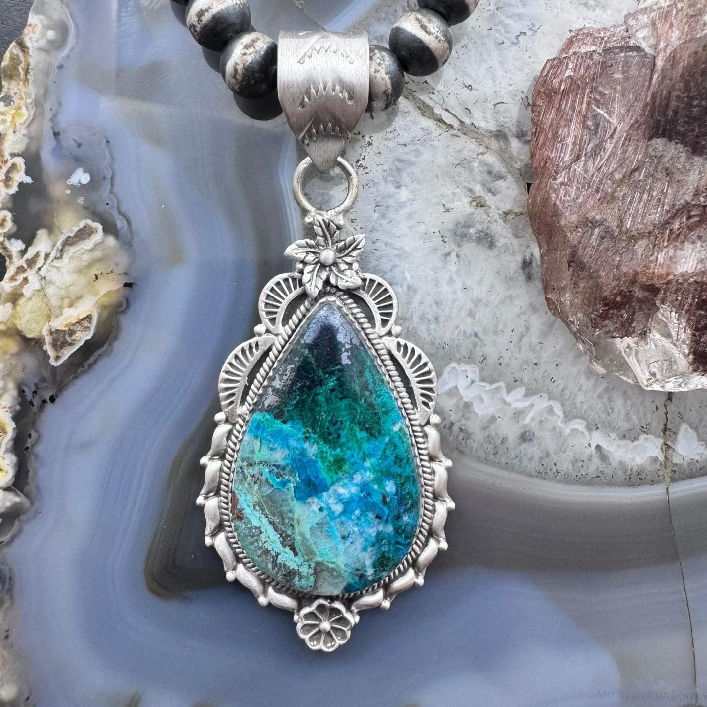 Sterling Silver Southwestern Style Elongated Teardrop Shattuckite Decorated Pendant For Women
