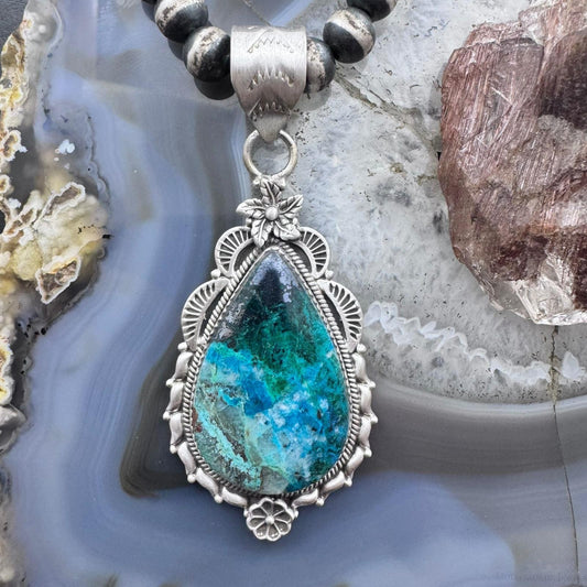 Sterling Silver Southwestern Style Elongated Teardrop Shattuckite Decorated Pendant For Women