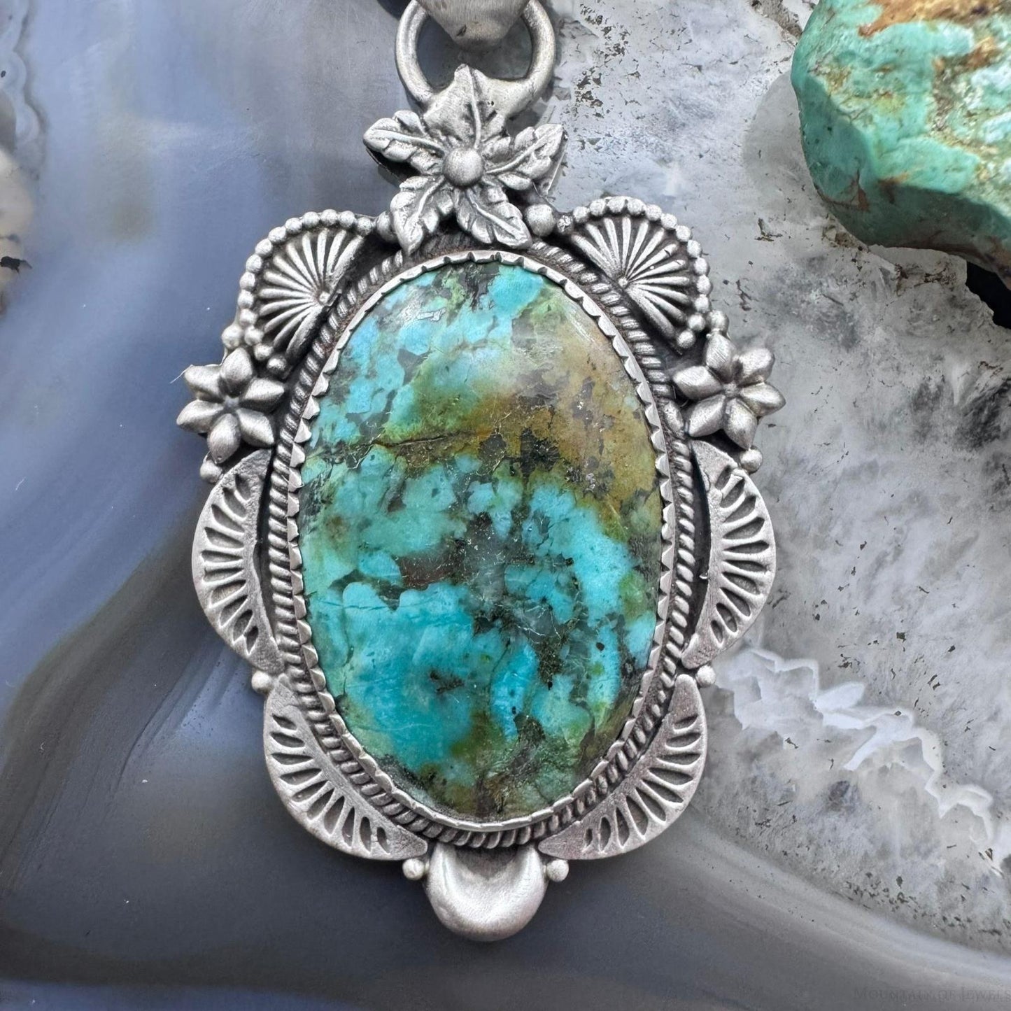 Sterling Silver Southwestern Style Oval Turquoise Decorated Pendant For Women