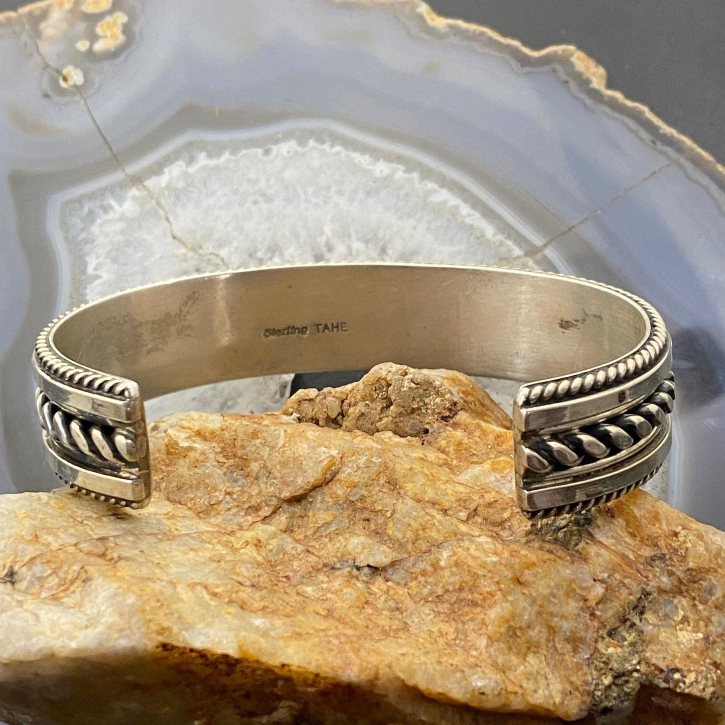 Tahe Vintage Native American Sterling Silver Stripes & Rope Bracelet For Men