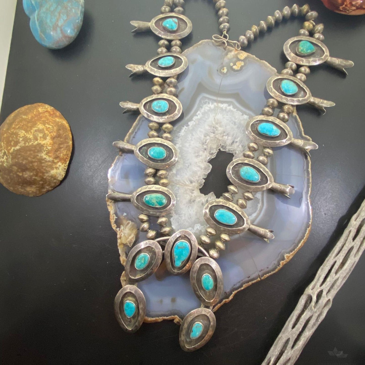 Antique Native American Silver Turquoise Shadow Box Squash Blossom Necklace 28"