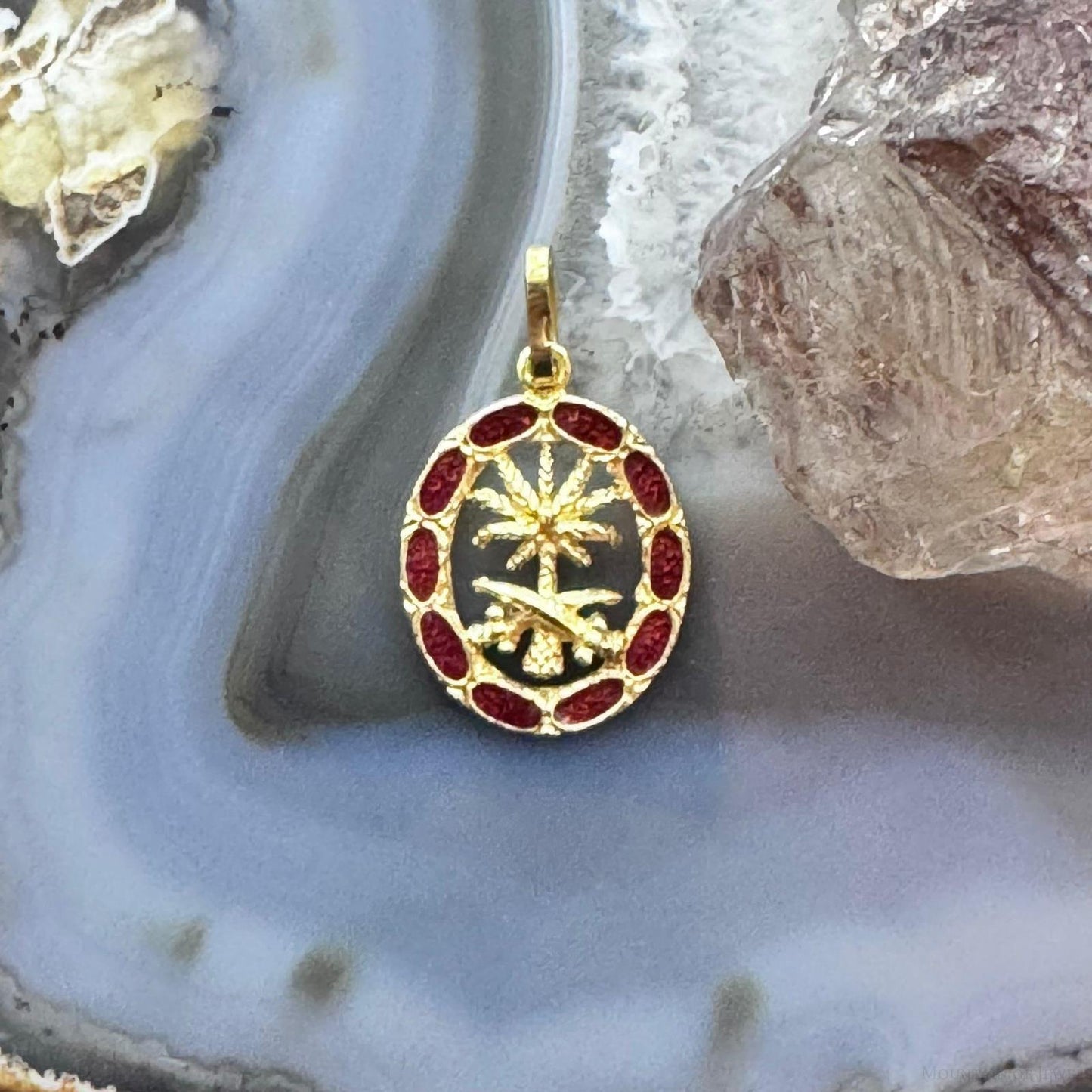 18K Yellow Gold Arab Date Tree with Swords and Red Gem Unisex Pendant