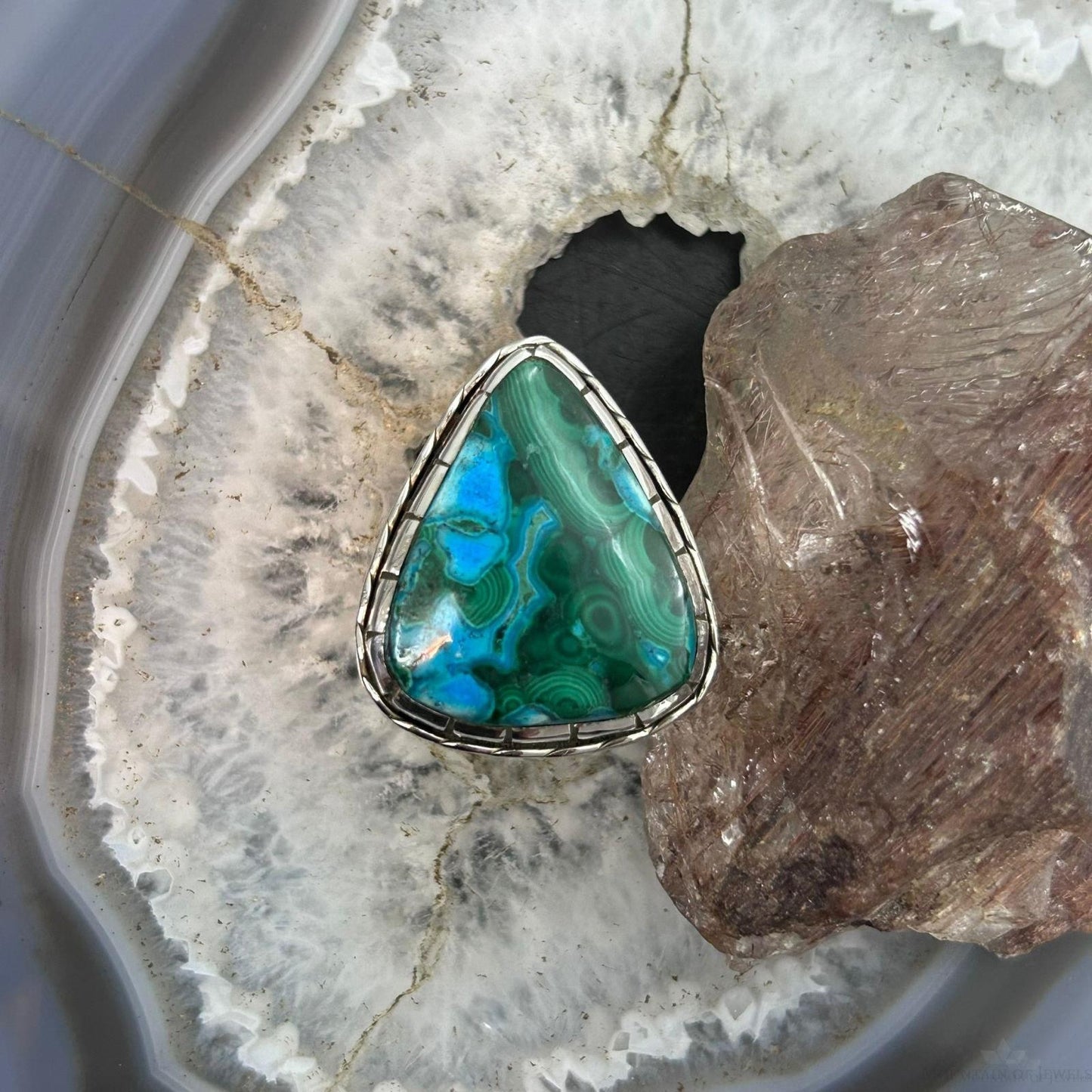 Sterling Silver Southwestern Style Triangular Malachite Chrysocolla Ring Size 9 For Women