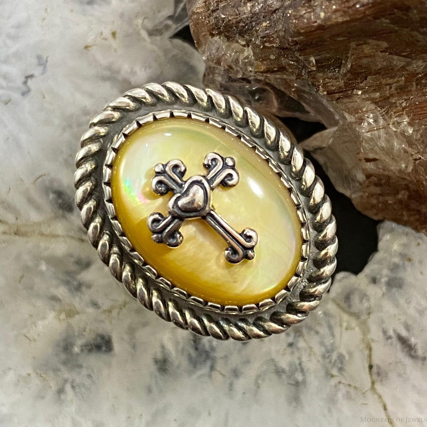 Carolyn Pollack Southwestern Style Sterling Silver Oval Gold Mother of Pearl Cross Ring Size 5 & 7.5 For Women