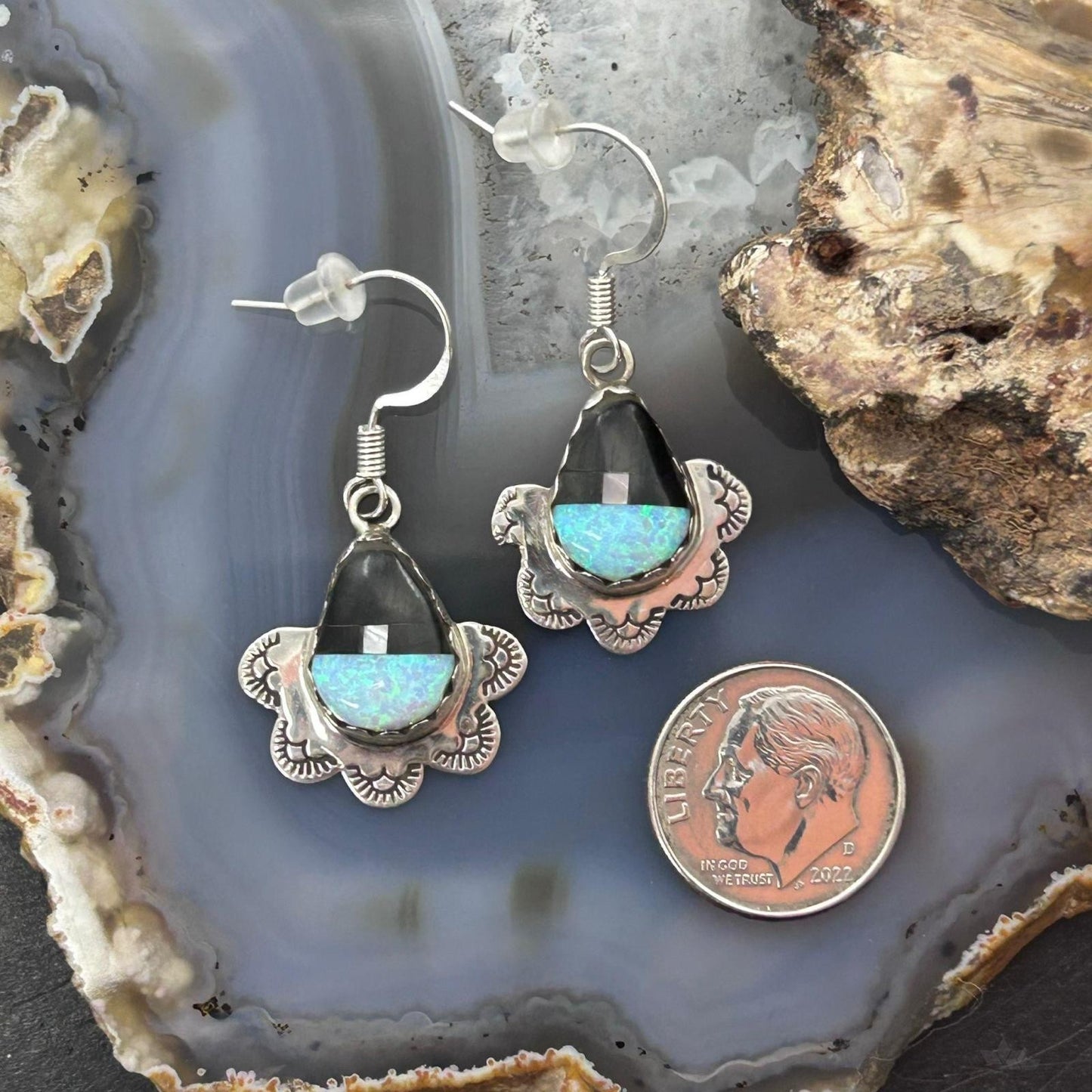 Clifton Aguilar Sterling Silver Teardrop Multistone Inlay Dangle Earrings For Women