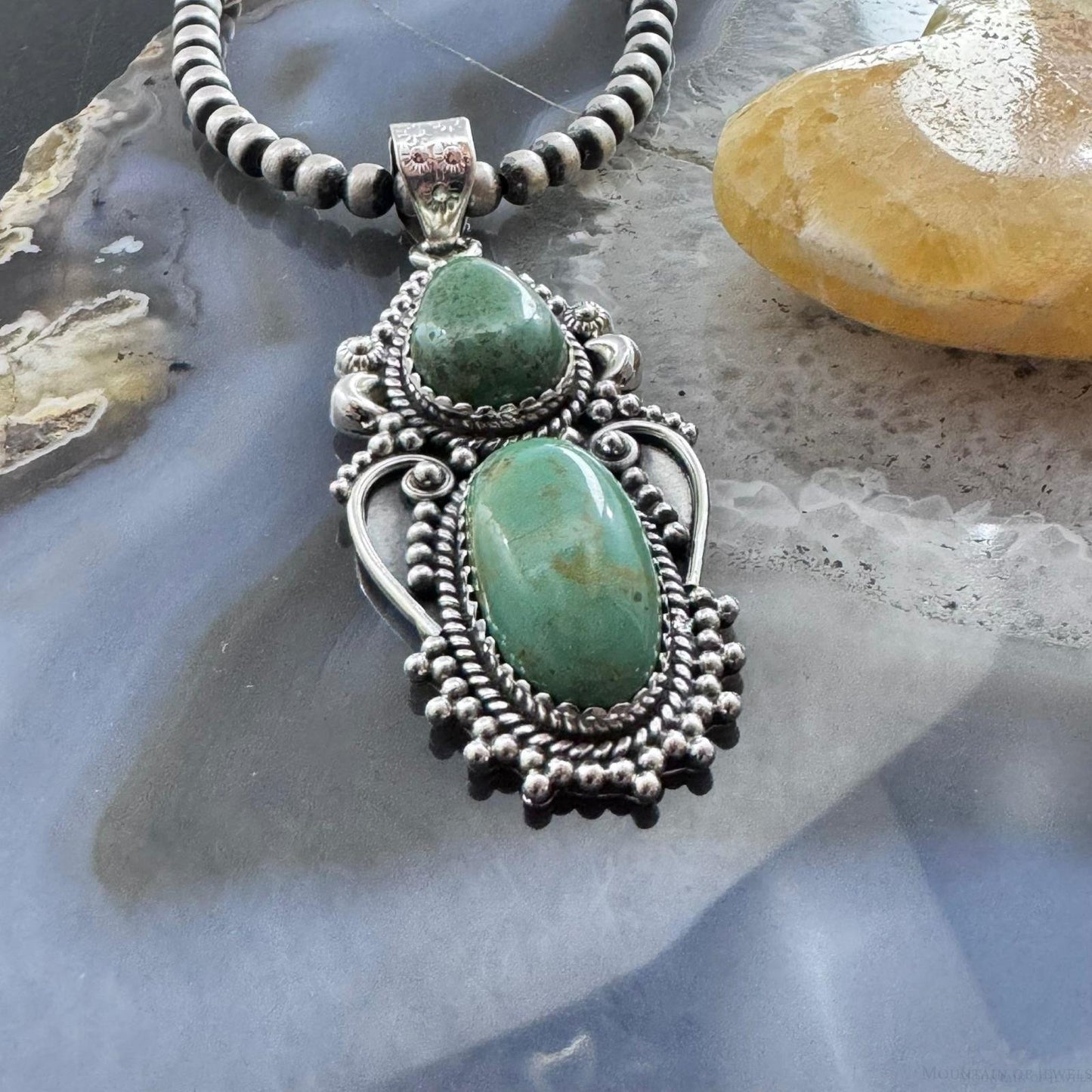 Sterling Silver Southwestern Style 2 Green Turquoise Decorated Pendant For Women