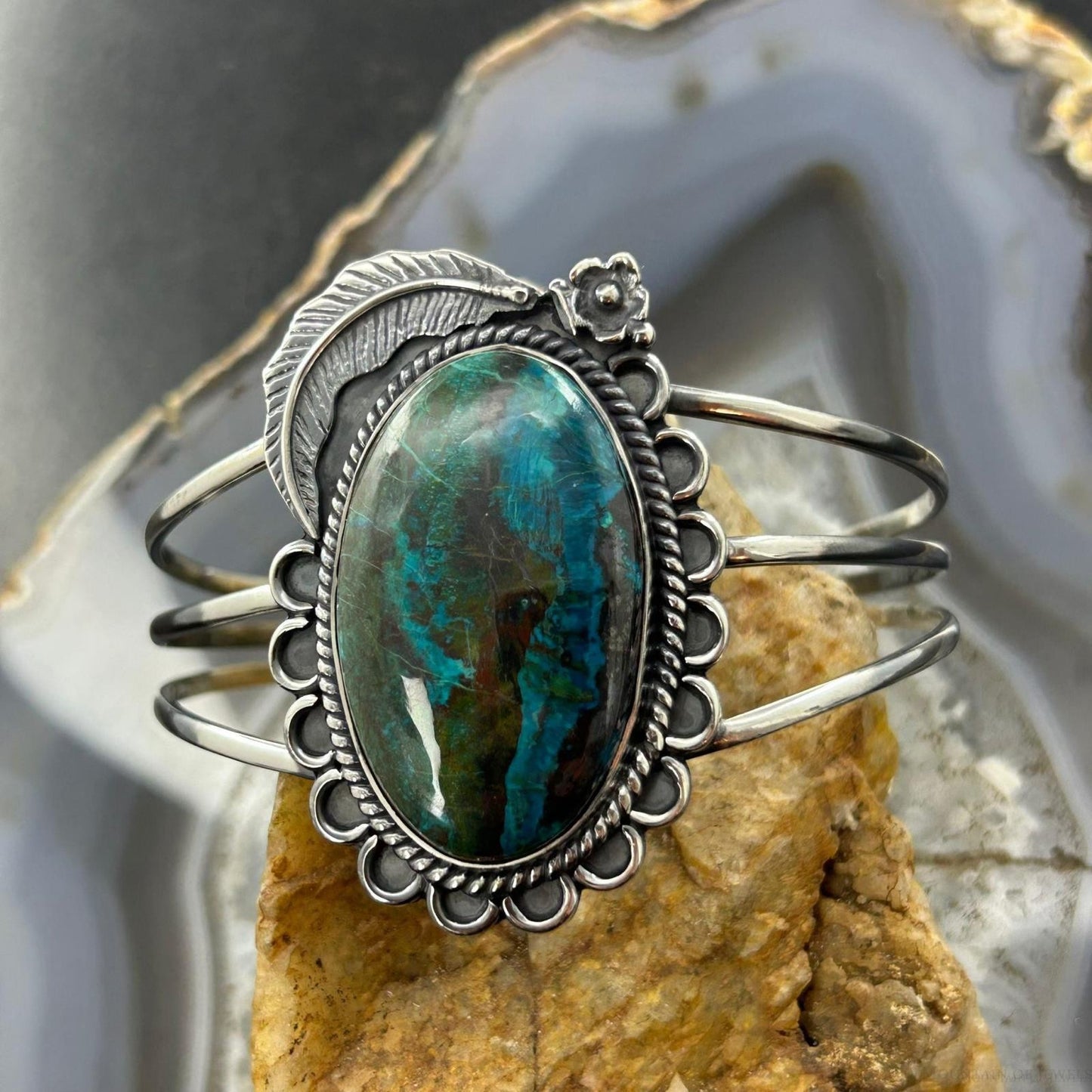 Sterling Silver Southwestern Style Large Oval Shattuckite Bracelet For Women #1