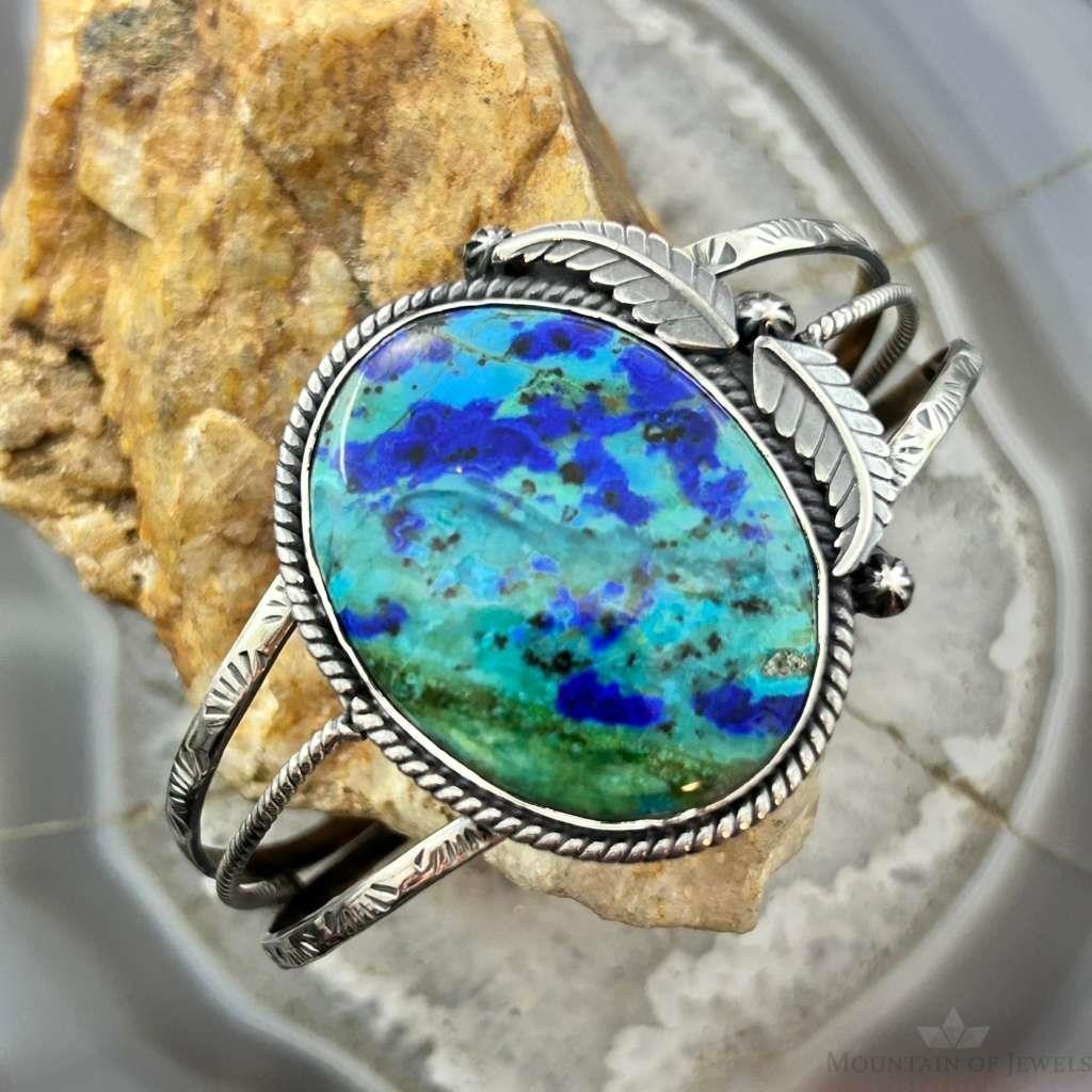 Sterling Silver Southwestern Style Large Oval Azurite Decorated Bracelet For Women