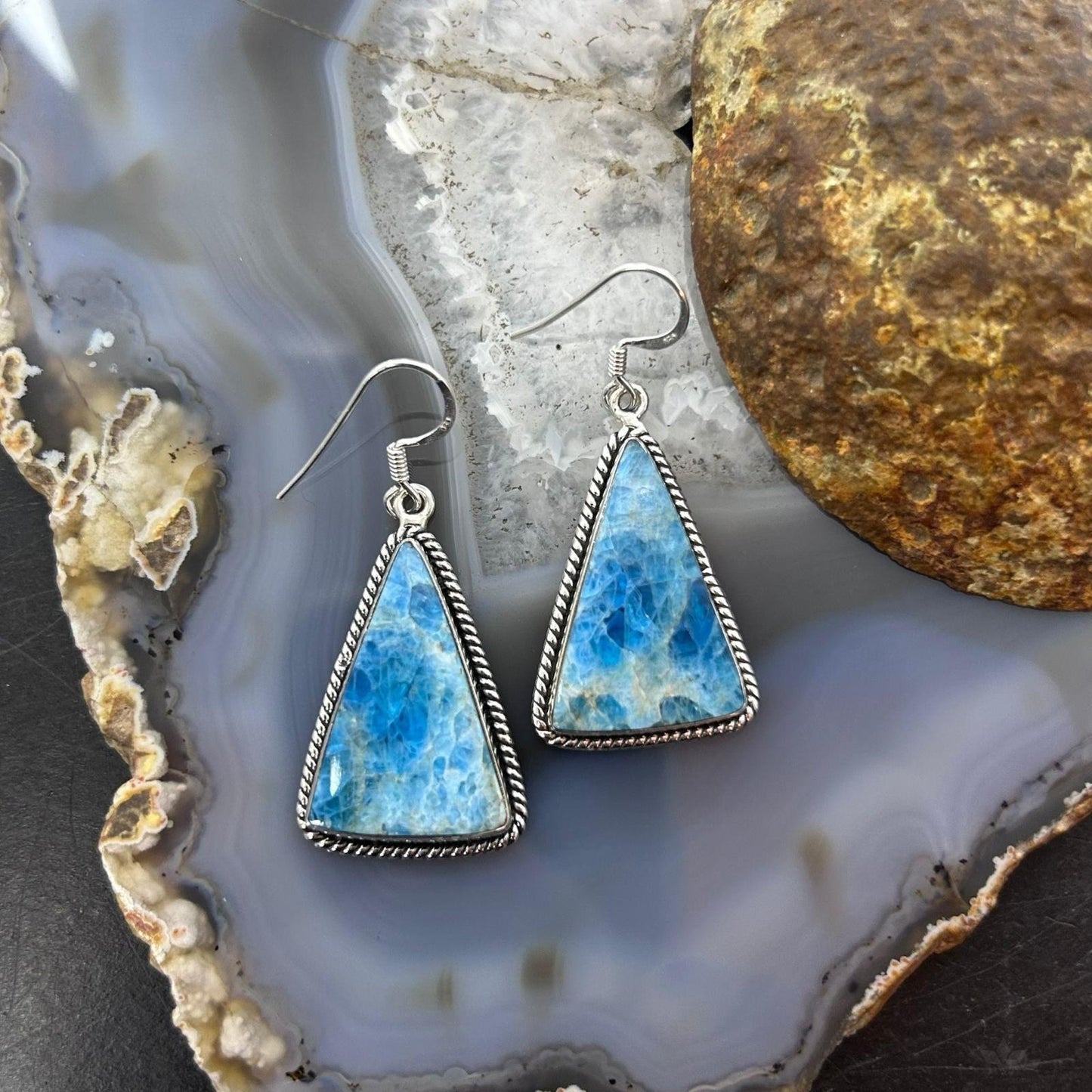 Sterling Silver Southwestern Style Triangle Blue Apatite Dangle Earrings For Women
