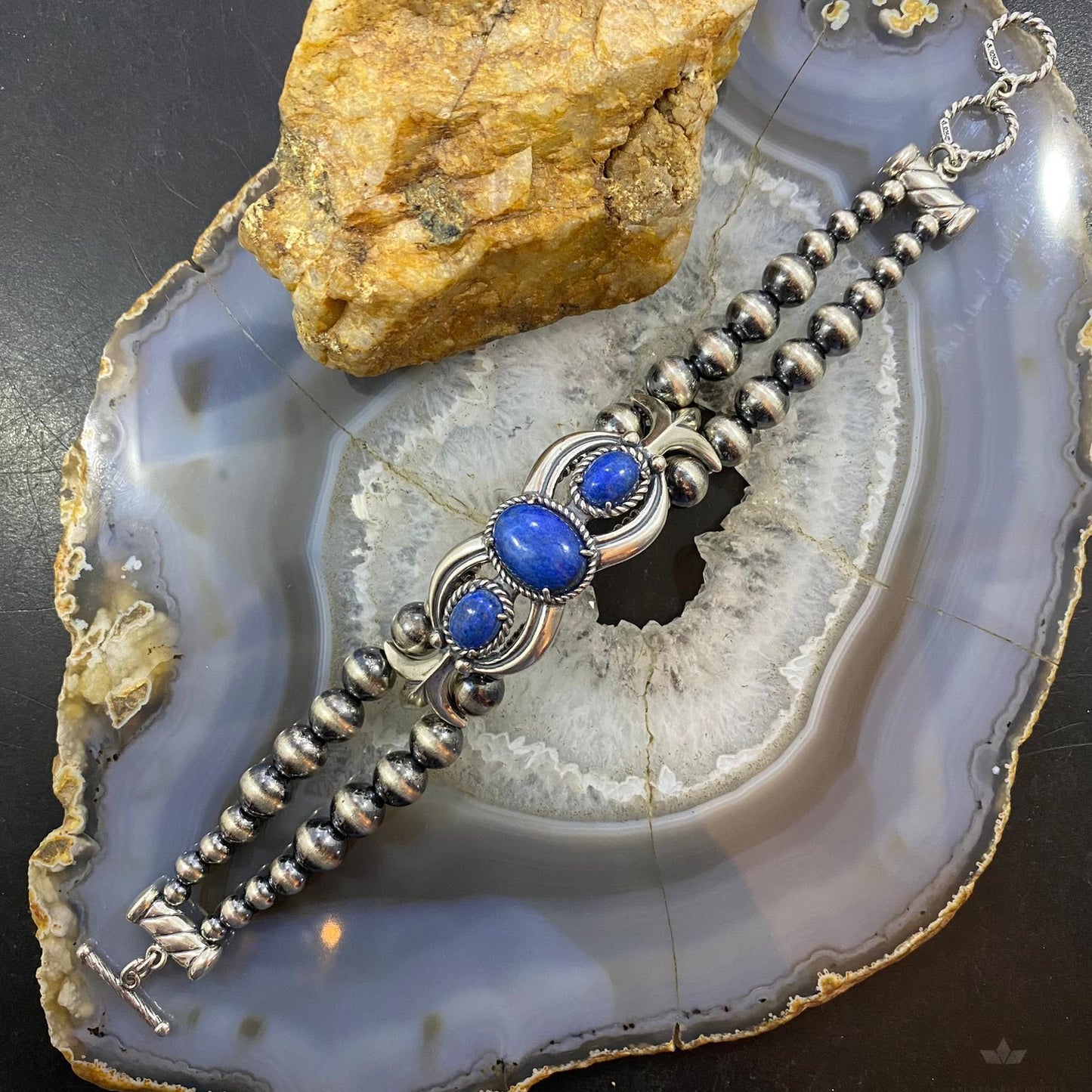 Carolyn Pollack Sterling Silver Navajo Pearl Bead 3 Denim Lapis Link Bracelet For Women