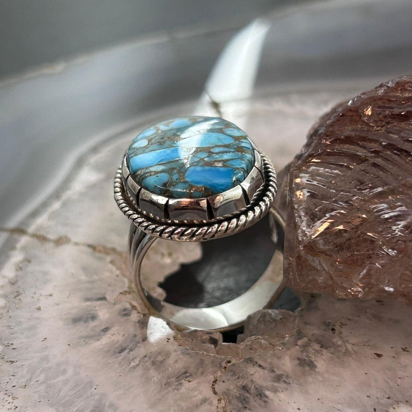 Sterling Silver Southwestern Style Oval Blue Copper Turquoise Ring Size 8.5 For Women