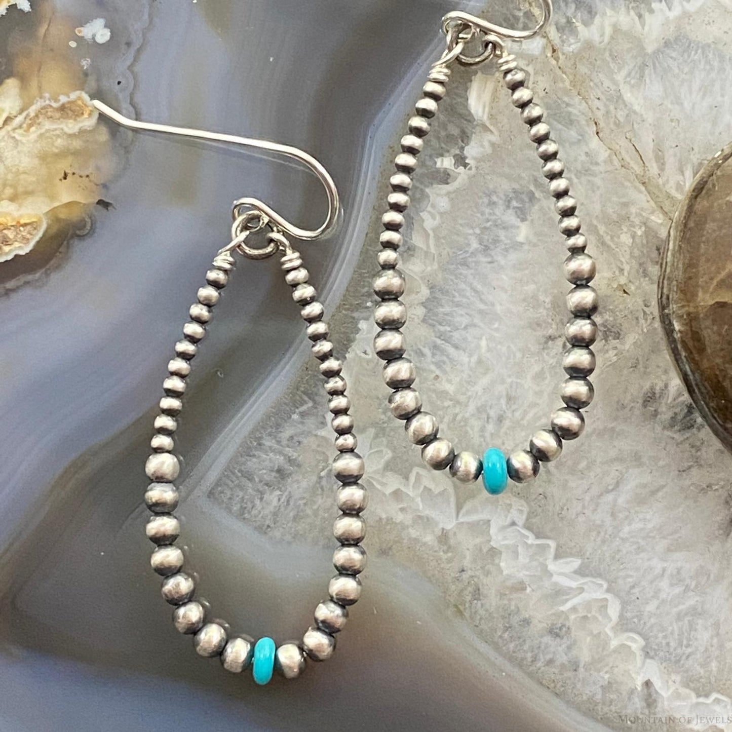 Graduated Navajo Pearl Beads & Turquoise Sterling Silver Dangle Earrings