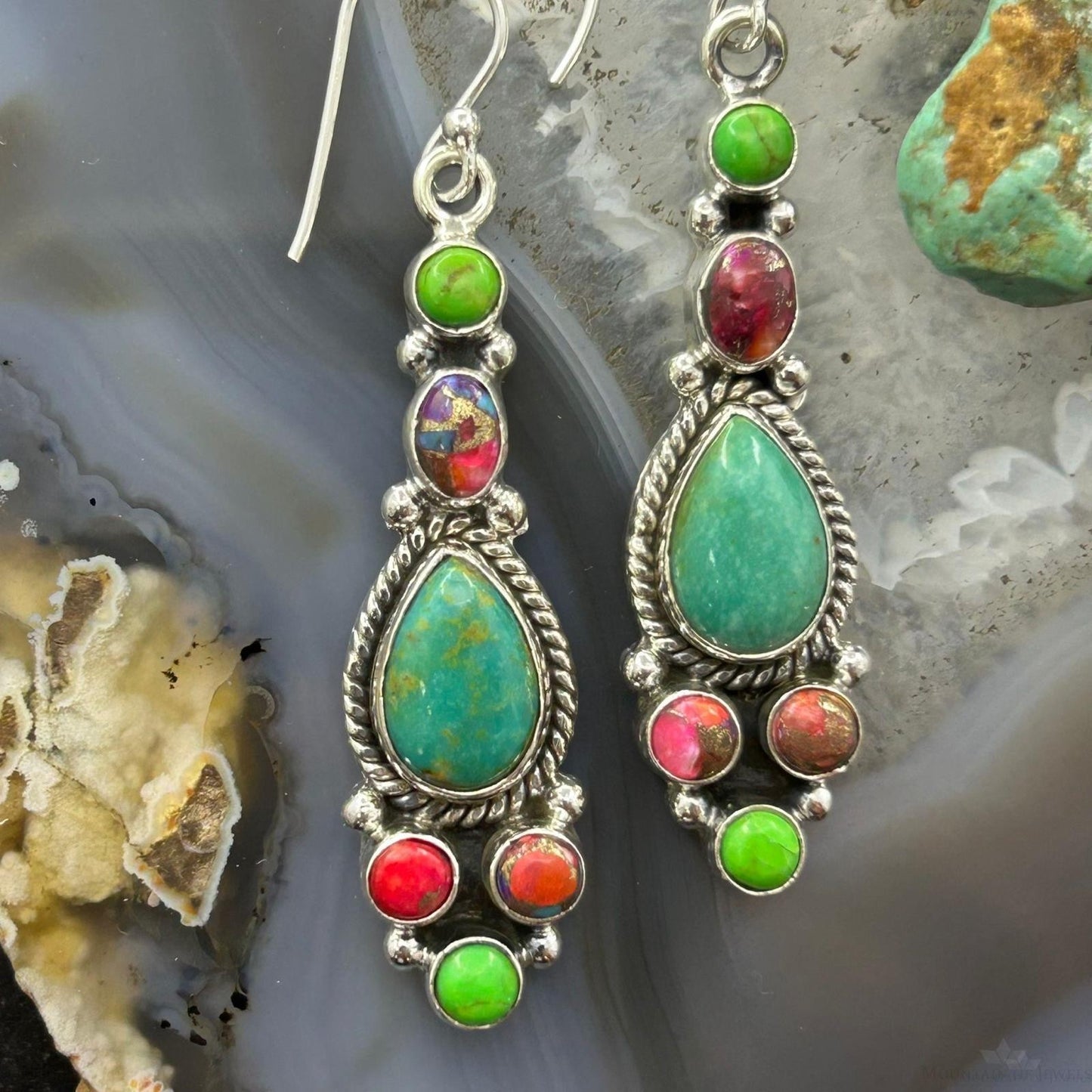 Sterling Silver Southwestern Style Multistone Dangle Earrings For Women