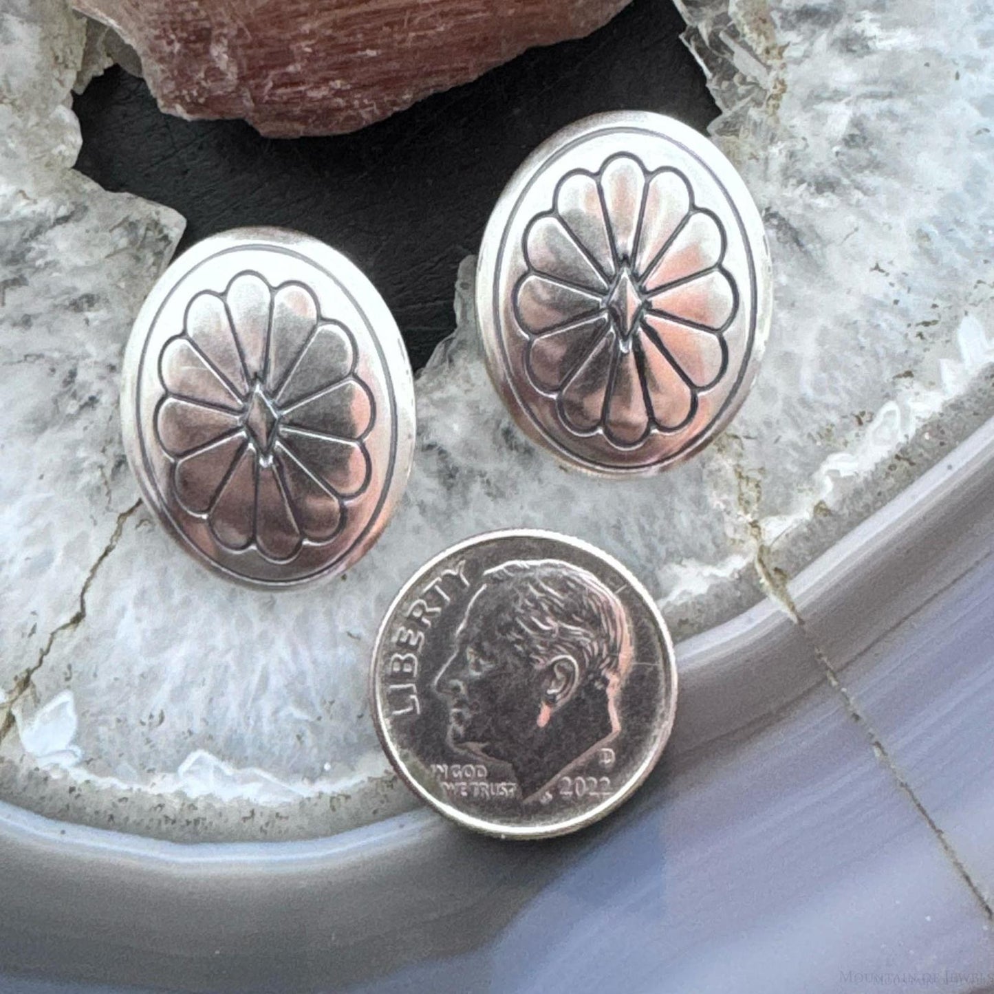 Native American Sterling Silver Round Stamped Oval Concho Stud Earrings For Women