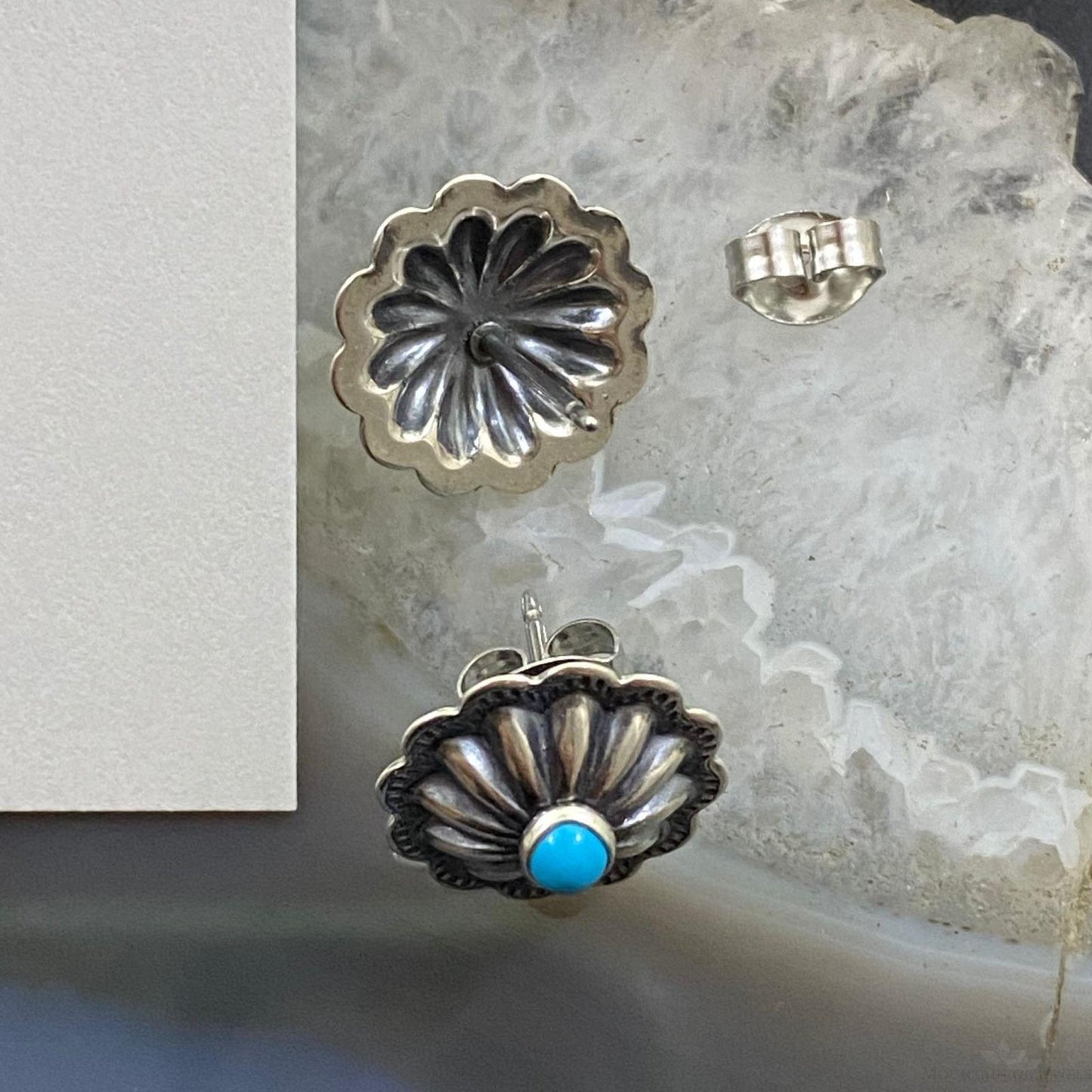Sterling Silver Repousse Concho with Turquoise Stud Earrings For Women (1 Pair)
