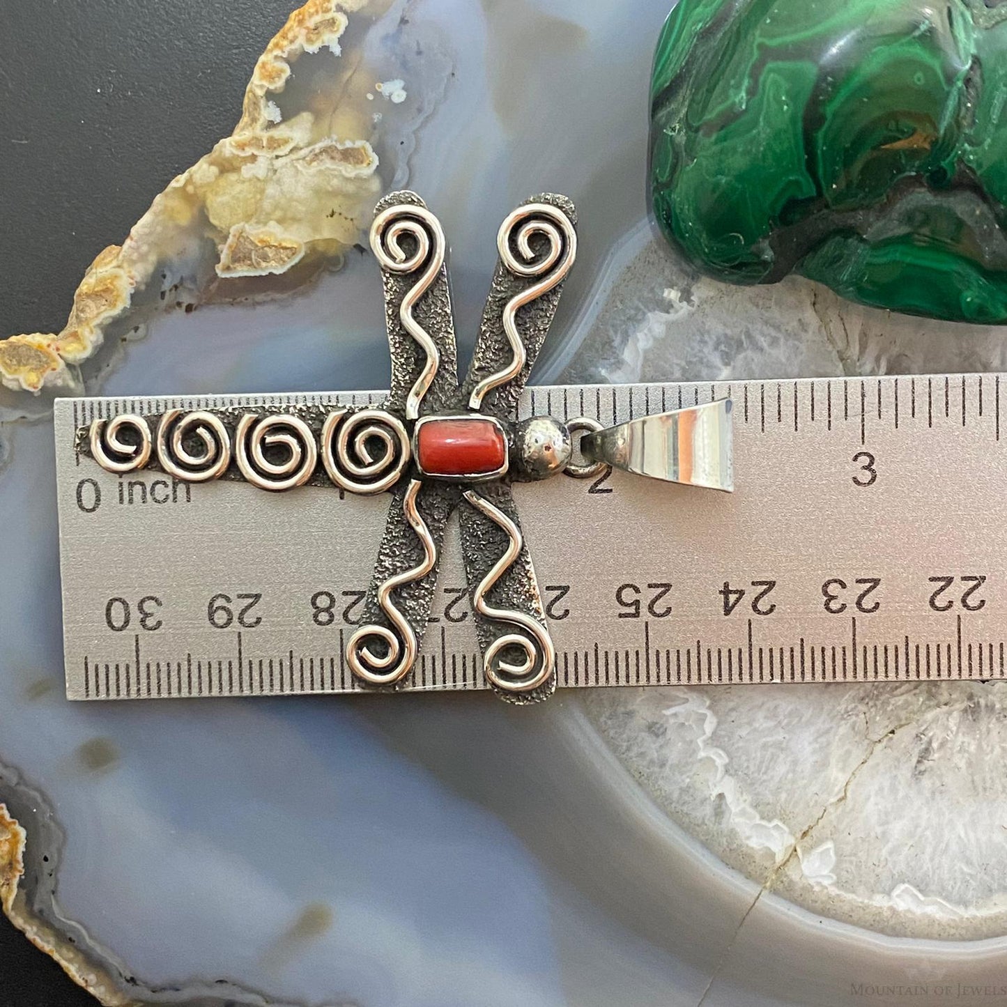 Alex Sanchez Sterling Silver Petroglyph & Coral Dragonfly Unisex Pendant #4