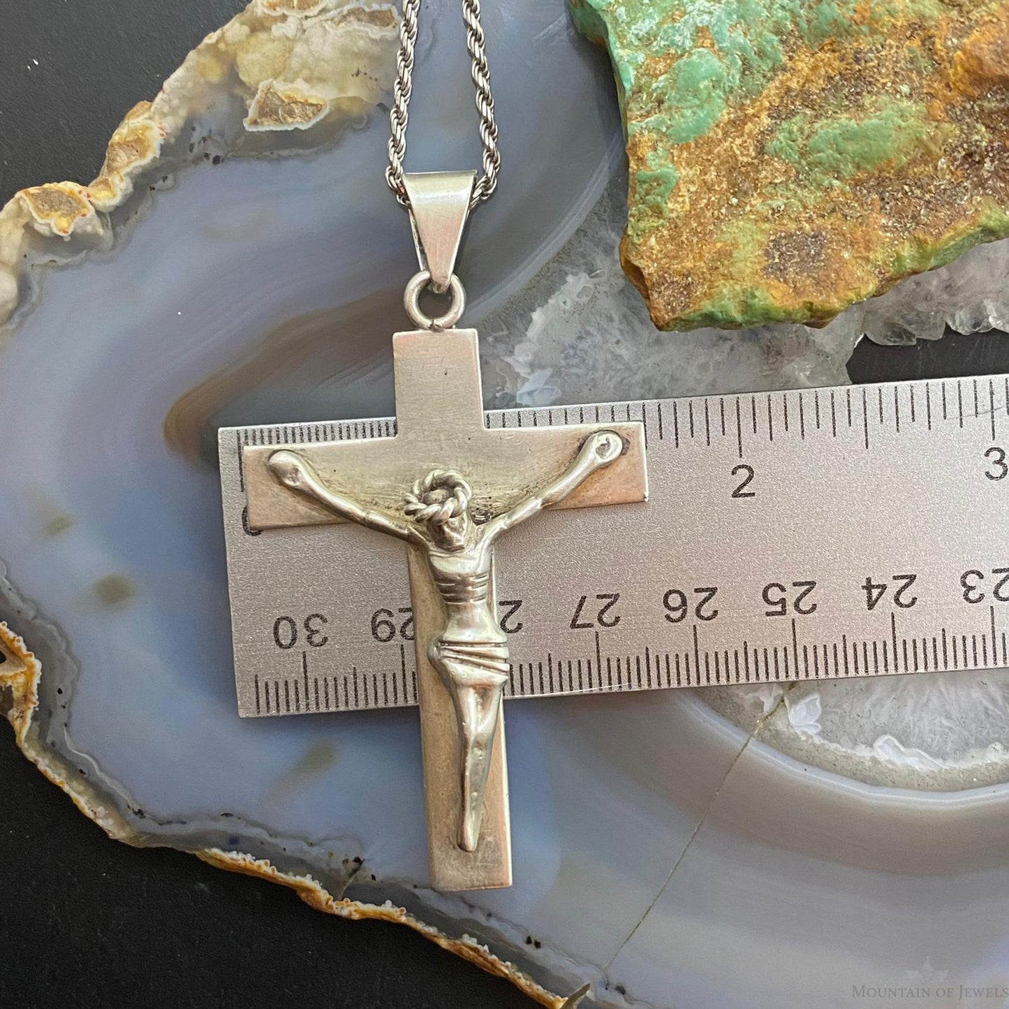 Vintage Sterling Silver Crucifix Pendant with Sterling Rope Necklace 20"