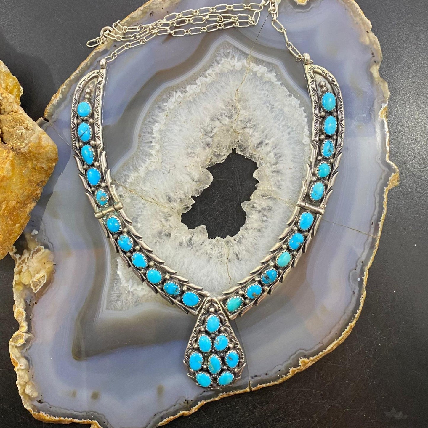 Vintage Native American Sterling Silver Turquoise Cluster Adj.18" Necklace
