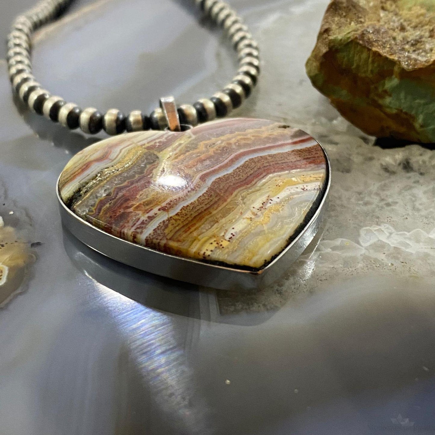 Heart Shape Crazy Lace Agate Pendant For Women Set in Stainless Steel #108