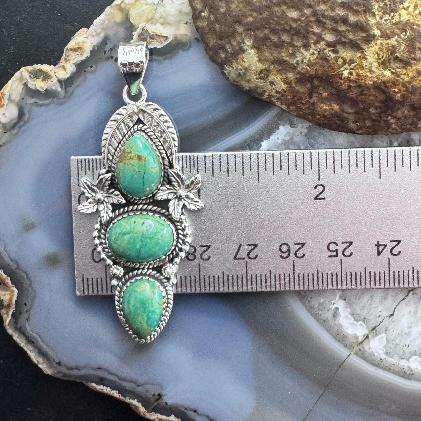 Sterling Silver Southwestern Style Triple Turquoise Decorated Pendant For Women