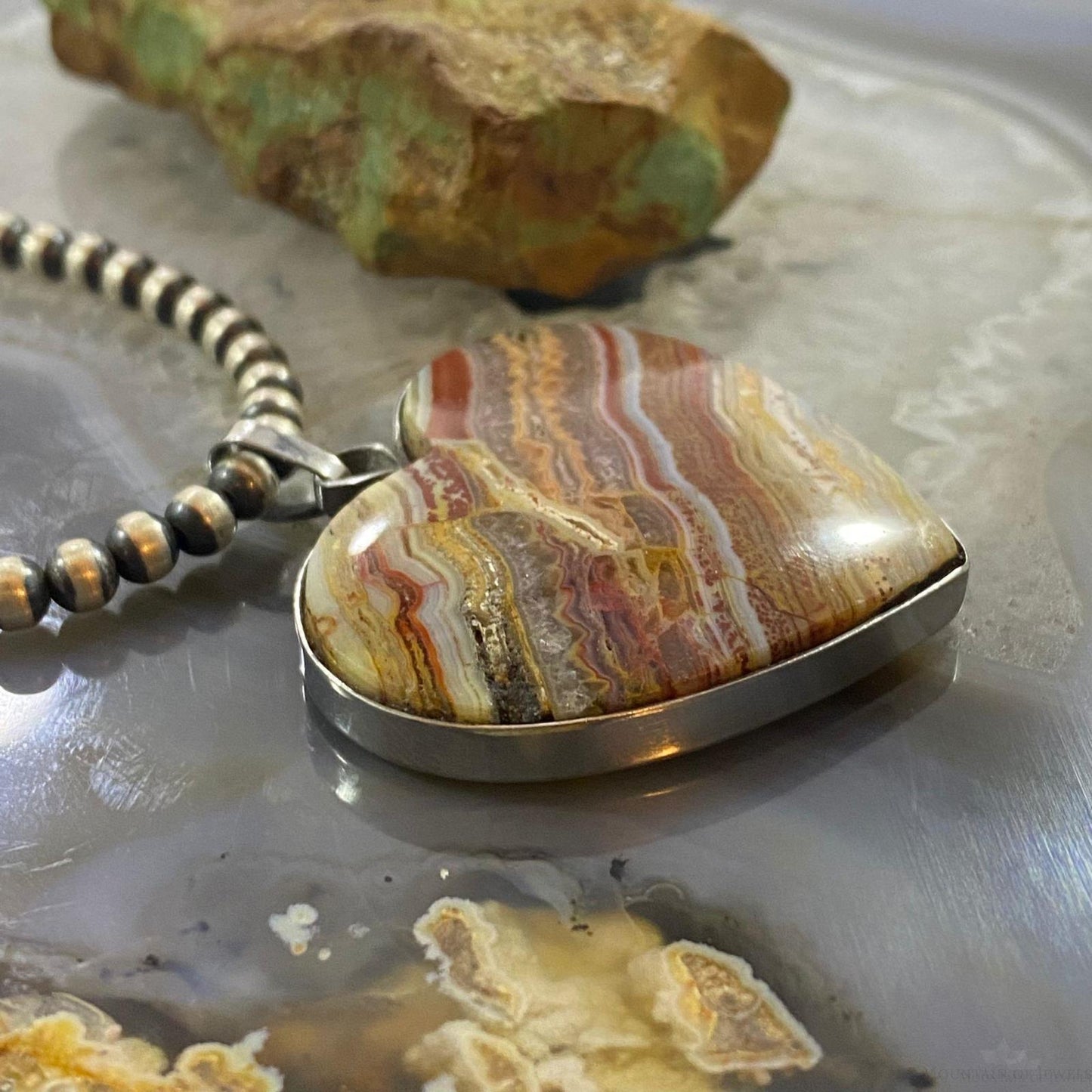 Heart Shape Crazy Lace Agate Pendant For Women Set in Stainless Steel #108