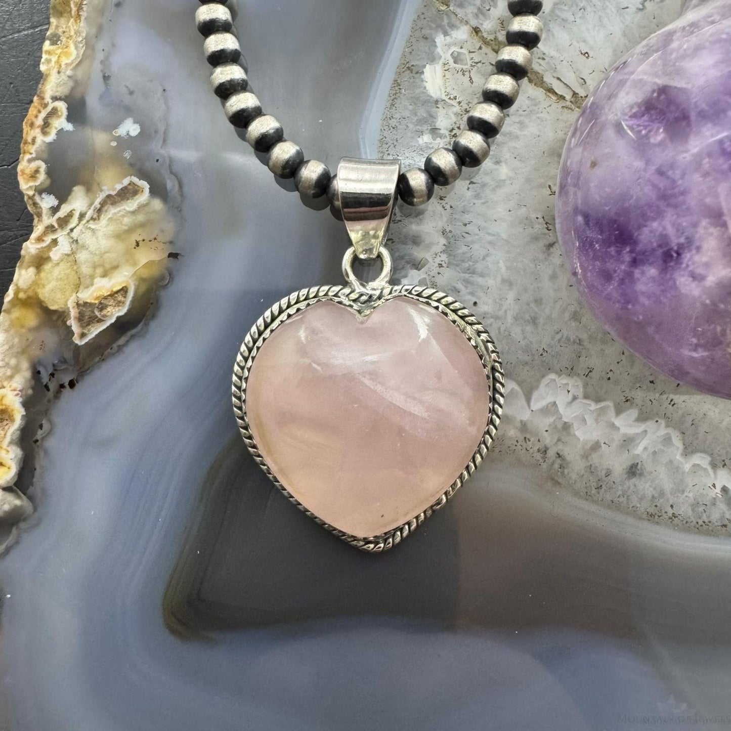 Sterling Silver Southwestern Style Pink Quartz Heart Shape Pendant For Women