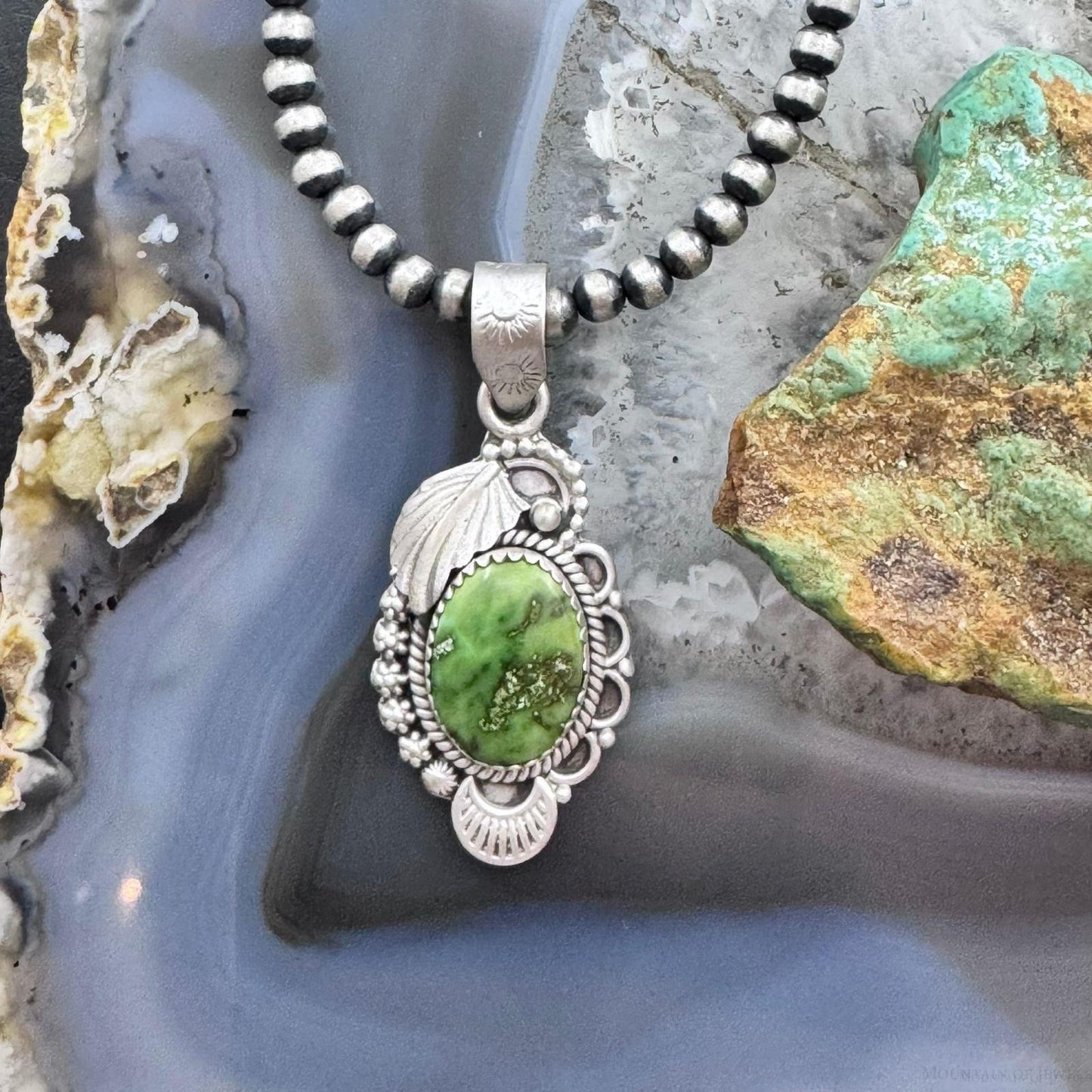 Sterling Silver Southwestern Style Oval Green Sonora Gold Turquoise Pendant For Women