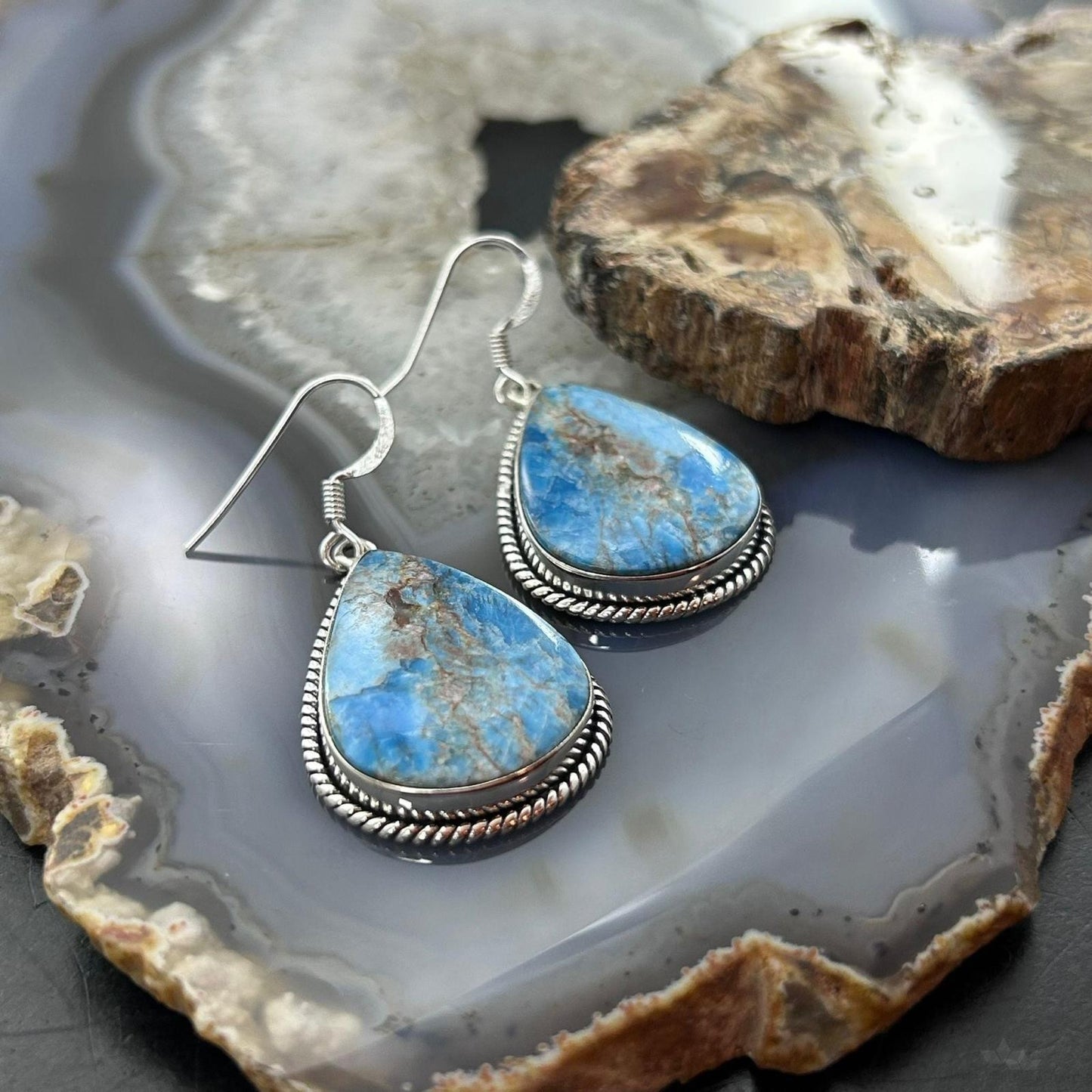 Sterling Silver Southwestern Style Blue Apatite Dangle Earrings For Women #2