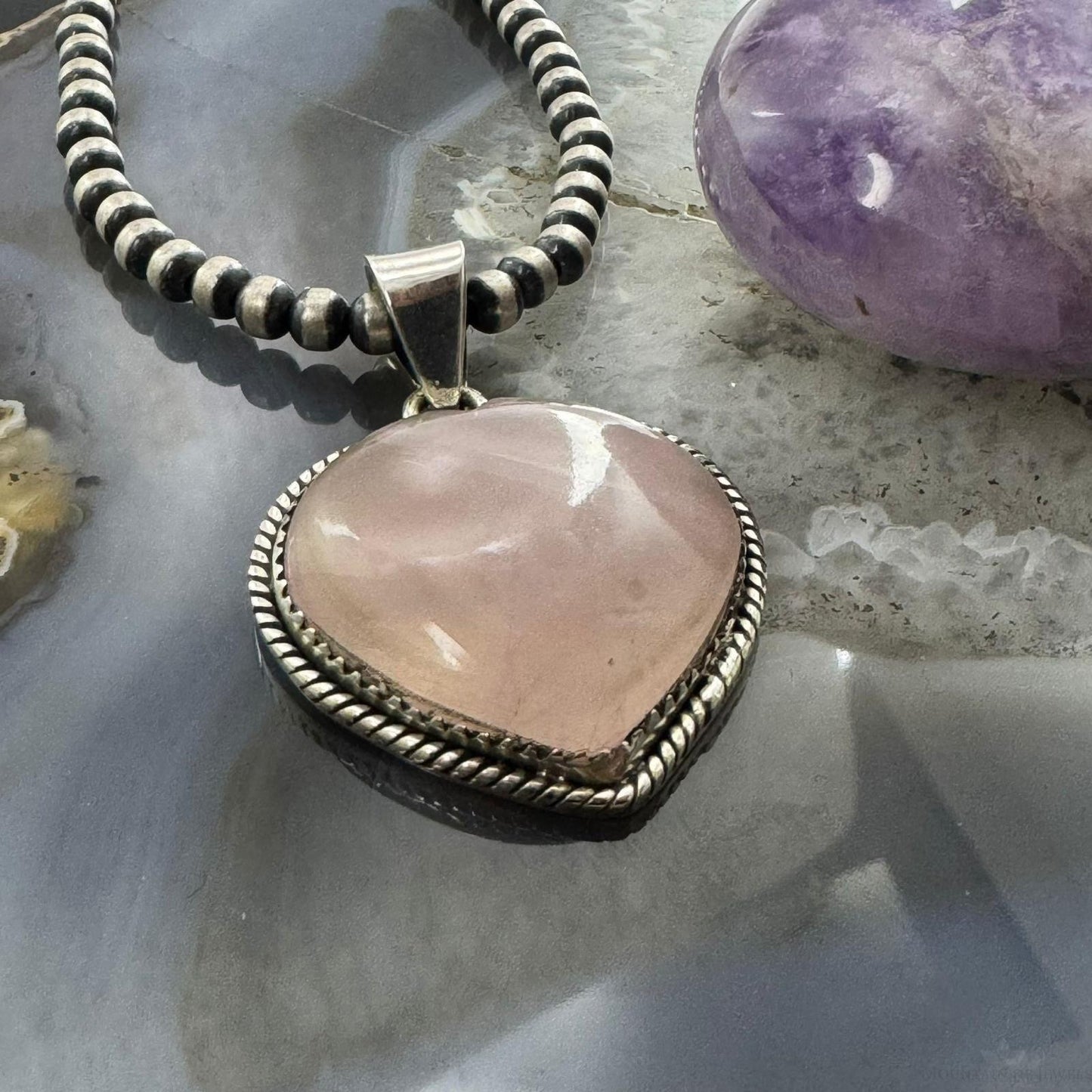 Sterling Silver Southwestern Style Pink Quartz Heart Shape Pendant For Women