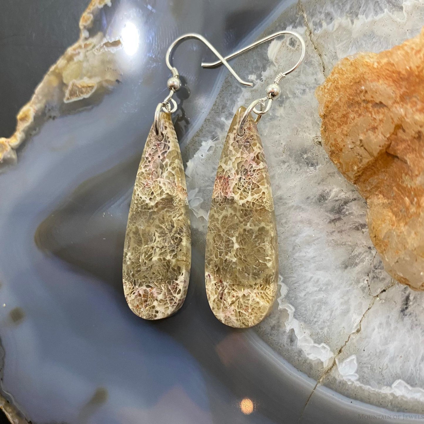 Sterling Silver Teardrop Fossilized Coral Slab Dangle Earrings For Women #056