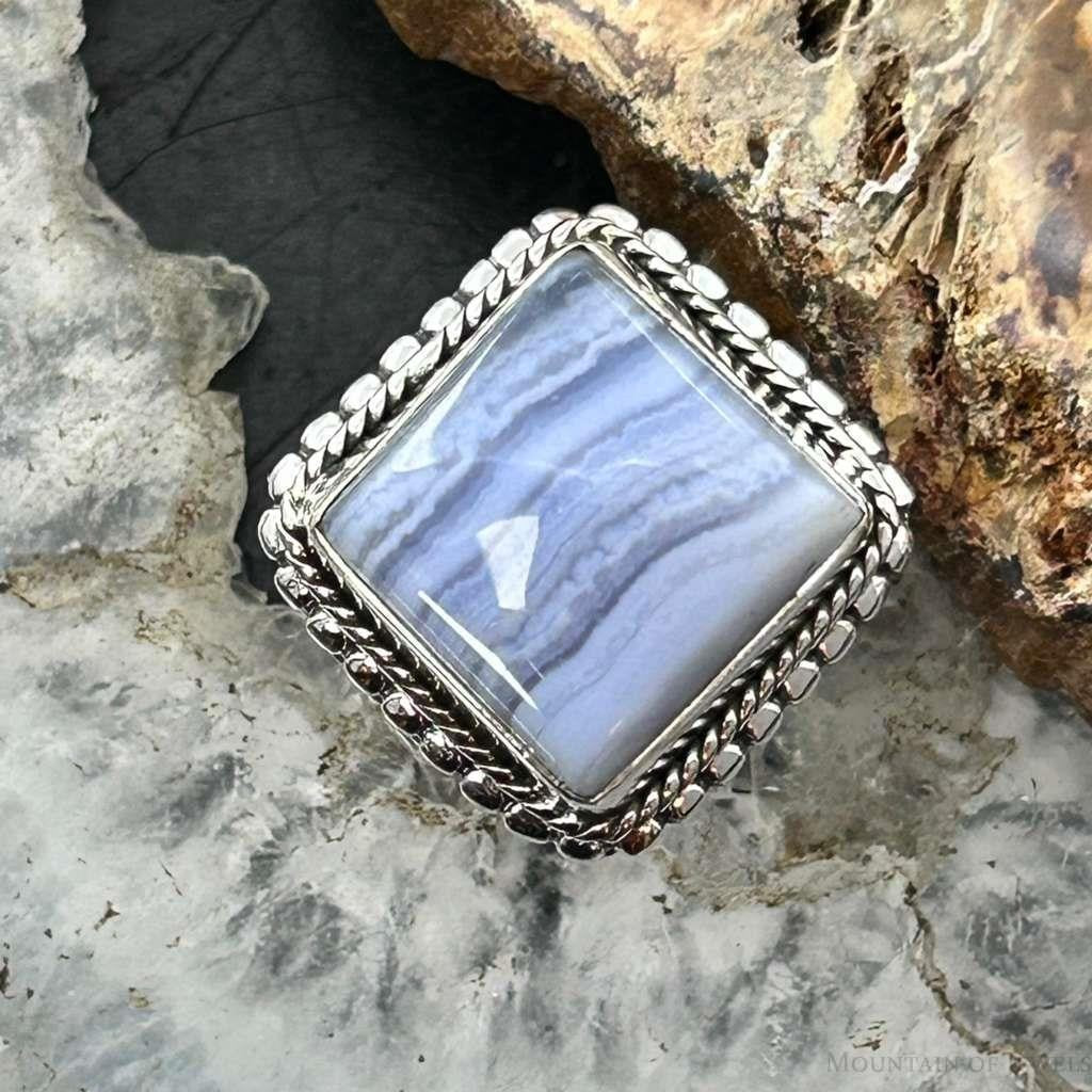 Sterling Silver Southwestern Style Square Blue Lace Agate Ring Size 7 For Women