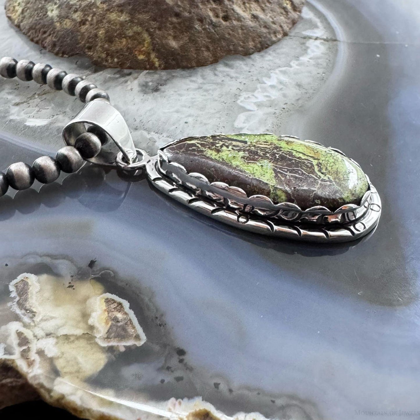 Native American Sterling Silver Teardrop Gaspeite Decorated Pendant For Women