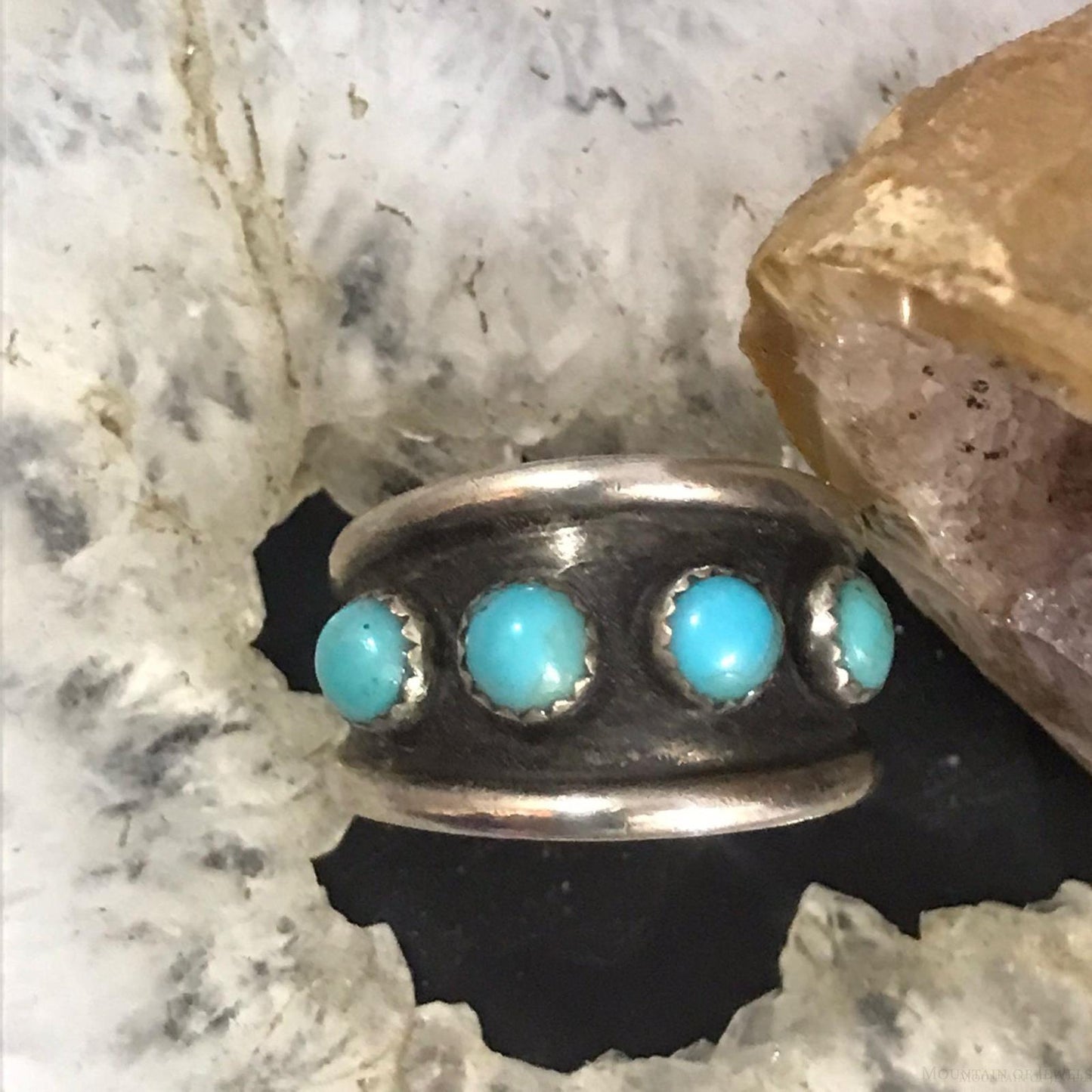 Vintage Native American Sterling Silver 4 Turquoise Dots Band Ring Size 7.25 For Women
