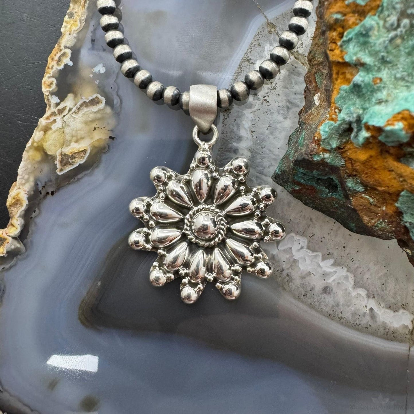 Southwestern Style Sterling Silver Decorated Cluster Floral Pendant For Women