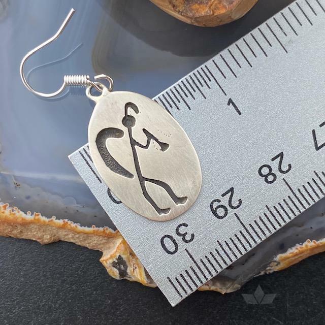 Native American Silver Oval Kokopelli Illustration Dangle Earrings