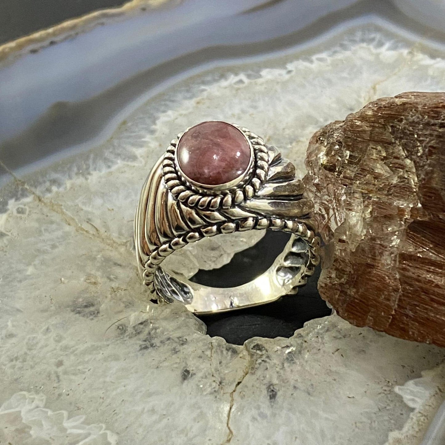 Carolyn Pollack Southwestern Style Sterling Silver Oval Rhodonite Decorated Unisex Ring Sizes 8 &12 For Women