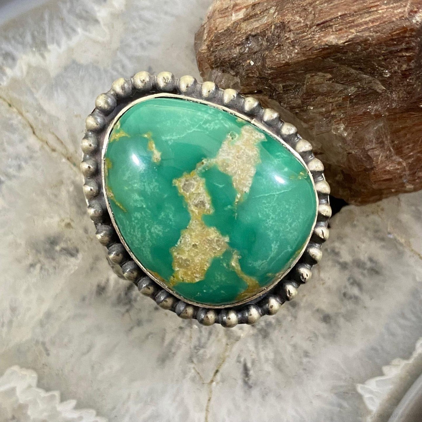 Native American Sterling Silver Turquoise Decorated Ring Size 8 For Women