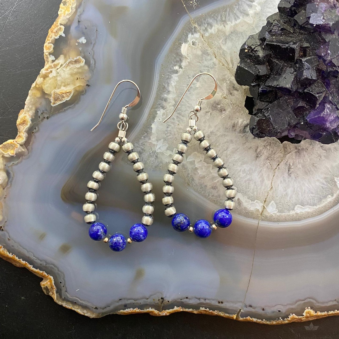 Navajo Pearl Bead & Lapis Bead Dangle Hoop Earrings For Women