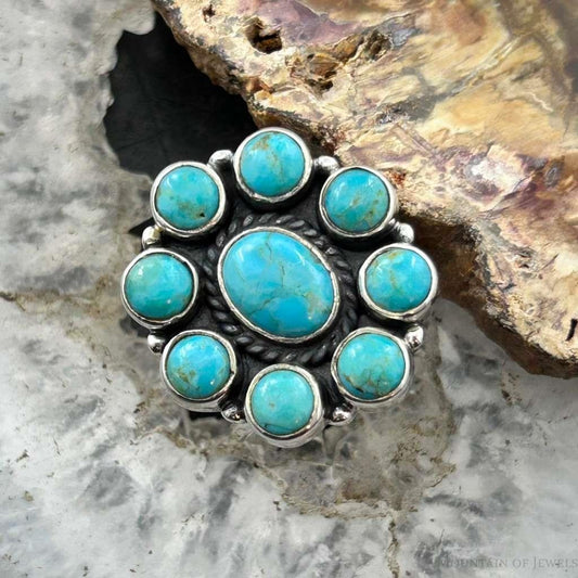Sterling Silver Southwestern Style Mohave Turquoise Cluster Ring Size 7.5 For Women