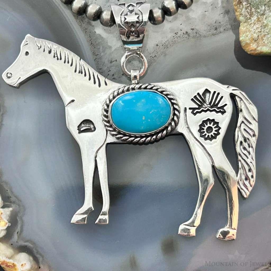 Sterling Silver Turquoise Stamped w/Indigenous Symbols Horse Unisex Pendant