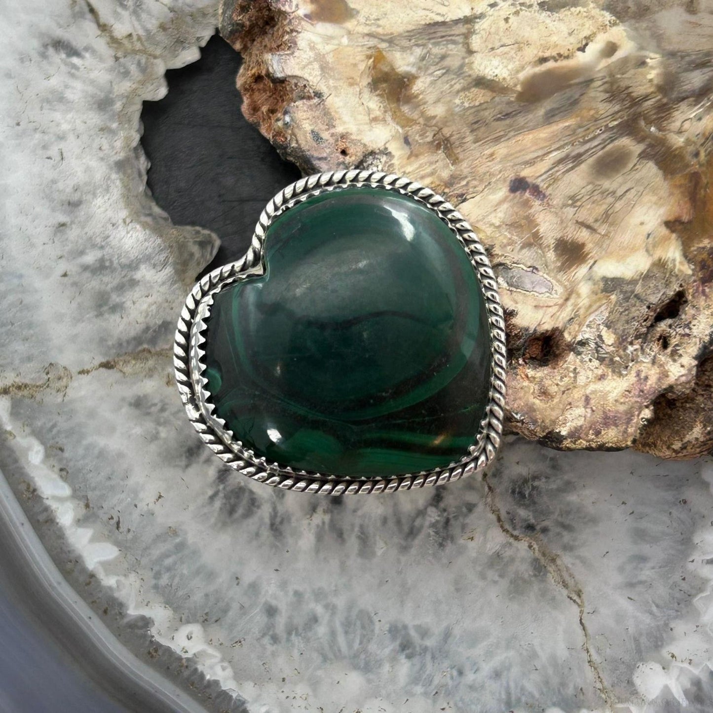 Sterling Silver Southwestern Style Malachite Heart Shape Ring Size 7 For Women
