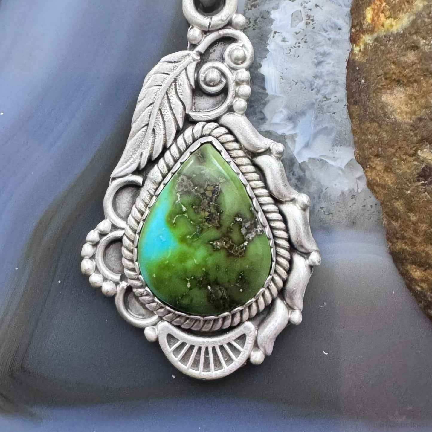 Sterling Silver Southwestern Style Teardrop Sonora Gold Turquoise Decorated Pendant For Women