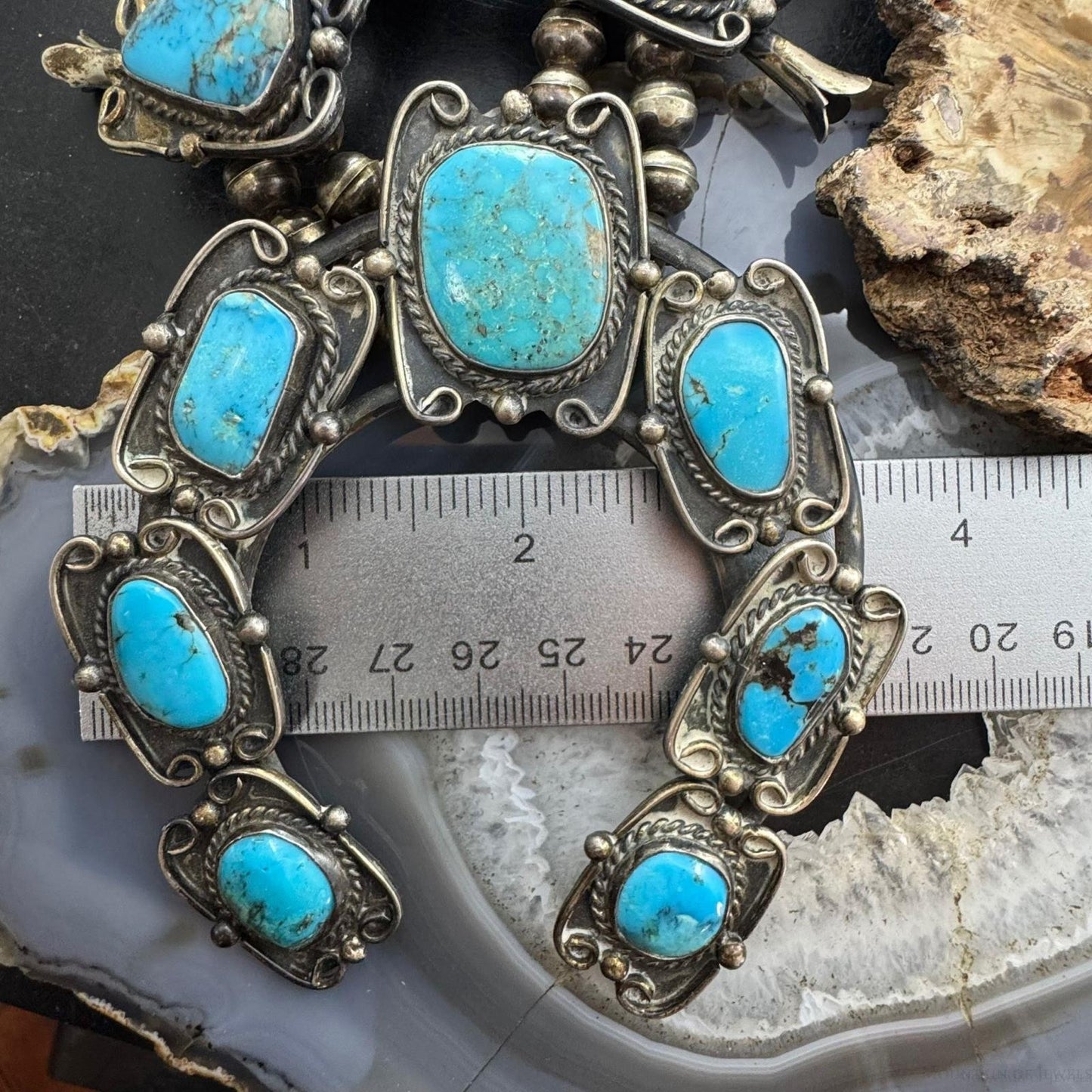 Vintage Native American Silver Matrix Turquoise 24" Squash Blossom Necklace For Women