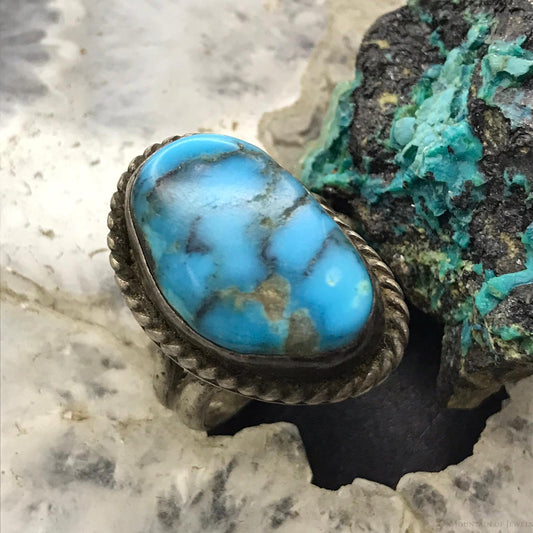 Vintage Native American Silver Natural Turquoise Ring Size 7.5 For Women