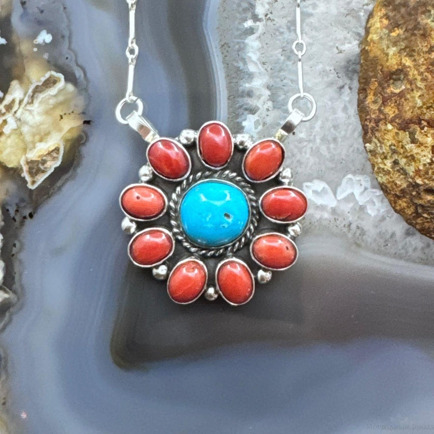 Native American Sterling Silver Round Turquoise W/Oval Coral Cluster Pendant W/Necklace For Women