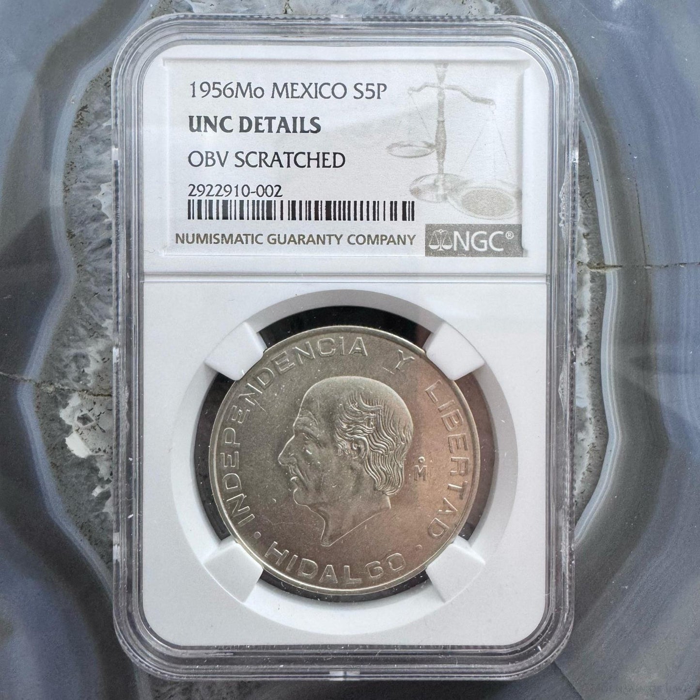 1956 MEXICO SILVER 5 CINCO PESOS S5P NGC UNC DETAILS #002