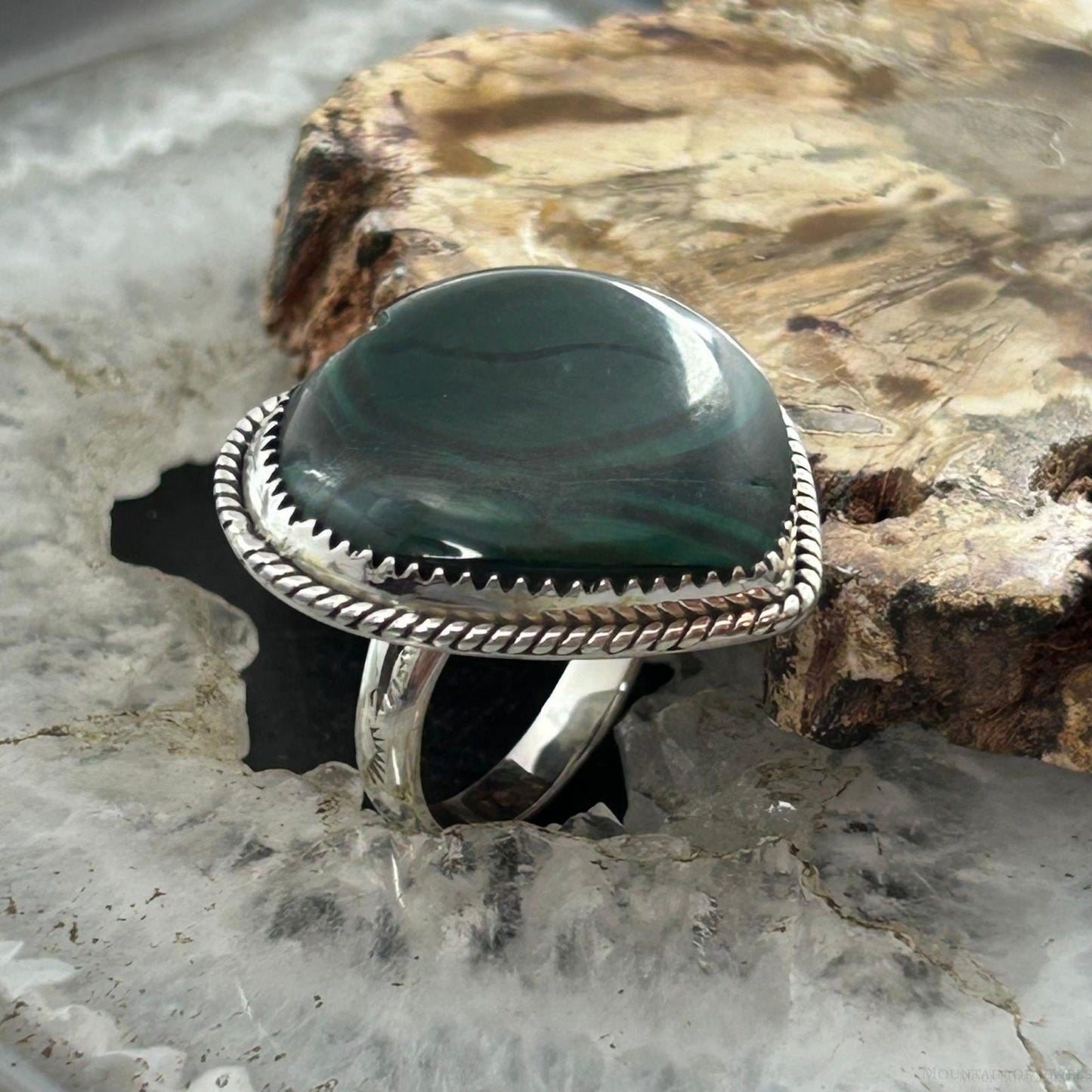 Sterling Silver Southwestern Style Malachite Heart Shape Ring Size 7 For Women