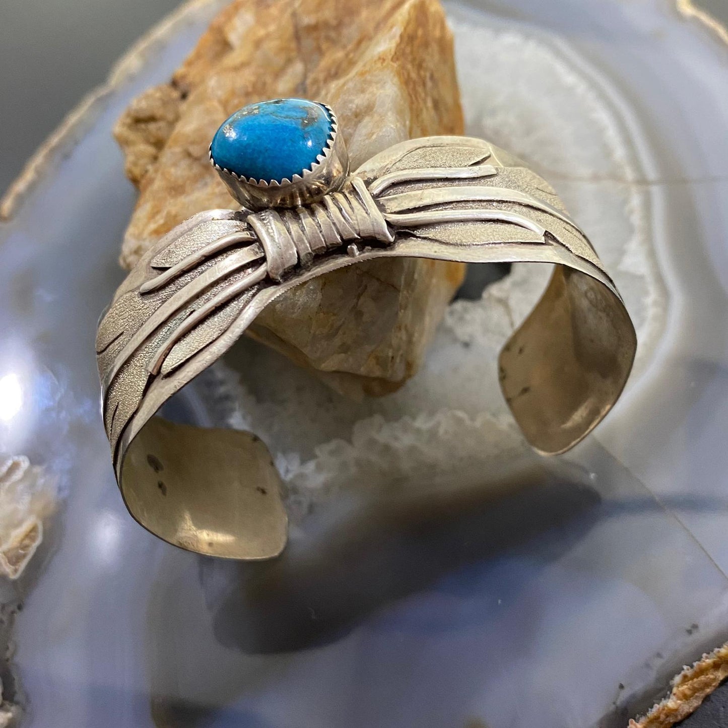 Vintage Signe Native American Sterling Silver Turquoise Overlay Texture Bracelet For Women