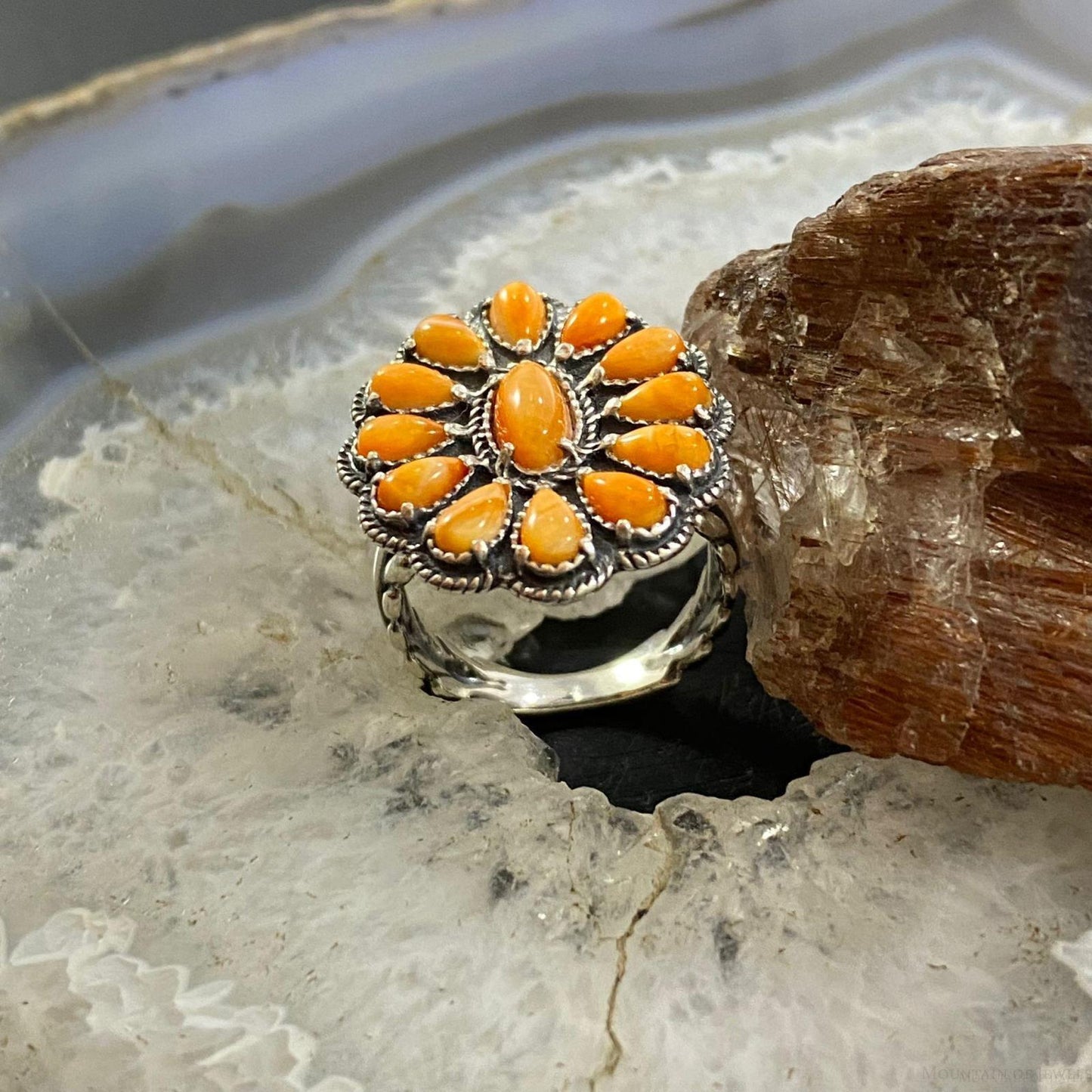 Carolyn Pollack Southwestern Style Sterling Silver Orange Spiny Oyster Decorated Cluster Ring For Women